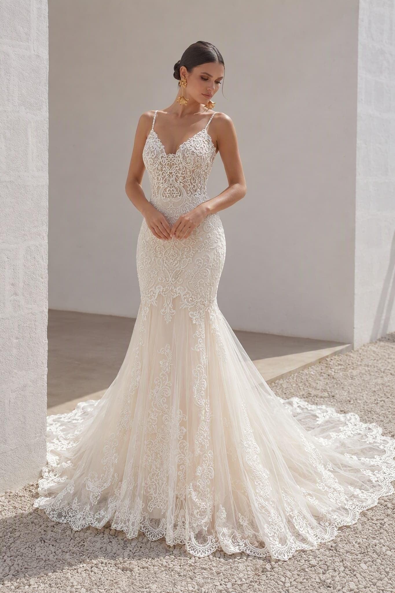 Trumpet-Mermaid Chapel Train Lace Tulle Wedding Dress CW3251 - 45 Days / As Picture:Ivory/Sand / US0-UK2-EUR30 - COCOMELODY